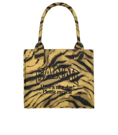 Ganni Shopper Xxl Embroidered Zebra-print Cotton-canvas Tote In Yellow