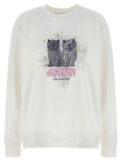 Ganni Off-white Isoli Kittens Drop Shoulder Sweatshirt In Beige