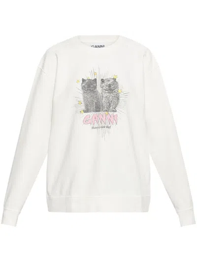 Ganni Kittens Print Cotton Sweatshirt In White