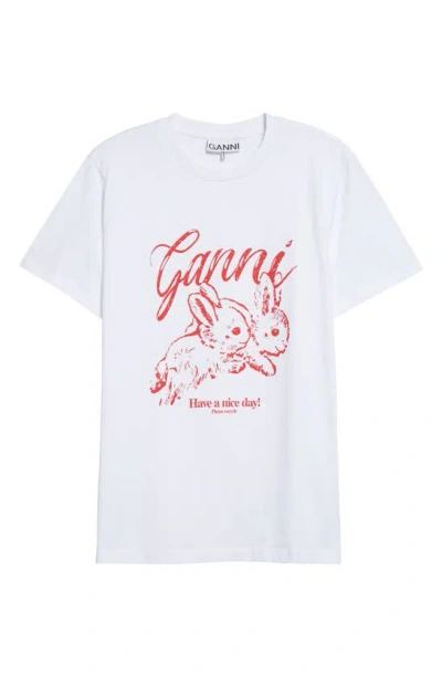 Ganni Kitty Organic Cotton Graphic T-shirt In Bright White