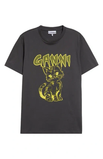 Ganni Kitty Organic Cotton Graphic T-shirt In Volcanic Ash