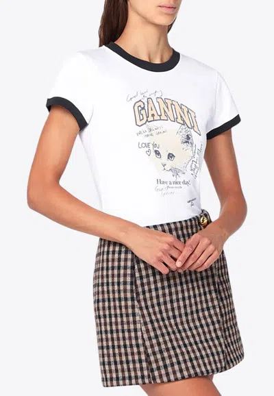 GANNI KITTY PRINT CROPPED T-SHIRT
