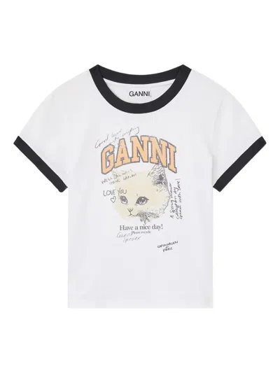 Ganni Kitty-print Ringer Top In White