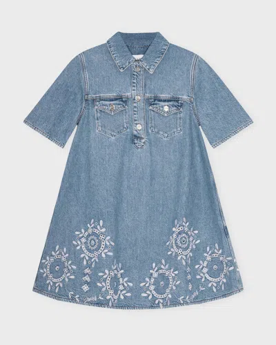 Ganni Denim Dress With Embroidered Hem And Pockets In Blue