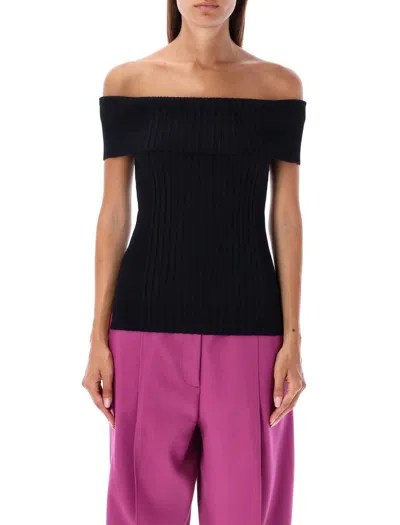 Ganni Sleeveless Melange Knit Off Shoulder Top In Black