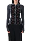 Ganni Grey Sweater With Classic Collar And Check Motif On The Front In Wool Woman In Gray