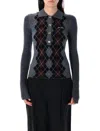 Ganni Grey Sweater With Classic Collar And Check Motif On The Front In Wool Woman In Gray