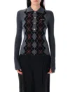 Ganni Grey Sweater With Classic Collar And Check Motif On The Front In Wool Woman In Gray