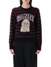 Ganni Graphic Wool Mix Poodle Stripe Crewneck Knitwear Multicolor In Brown