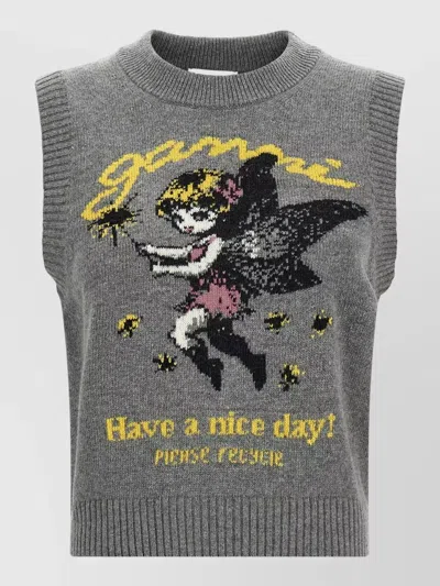 Ganni Knit Top Crew Neck Graphic Print In Gray