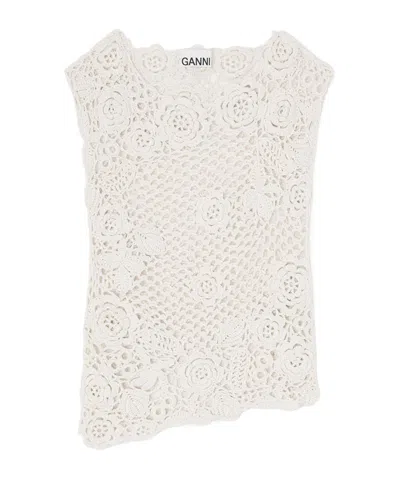 Ganni Knit Top In Cotton Crochet In White