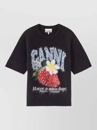 Ganni Alpaca Blend Sweater Short Sleeves Crew Neck In Black