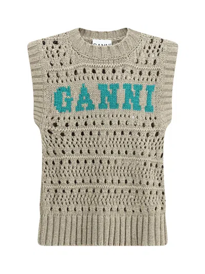 Ganni Perforated Vest With Logo Inlay In Green