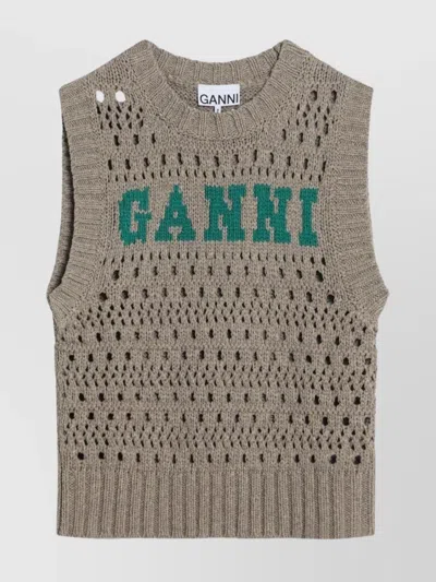 Ganni Perforated Vest With Logo Inlay In Gray