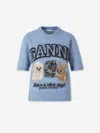 Ganni Light Blue Crewneck T-shirt With Maxi Logo Embroidery On The Front