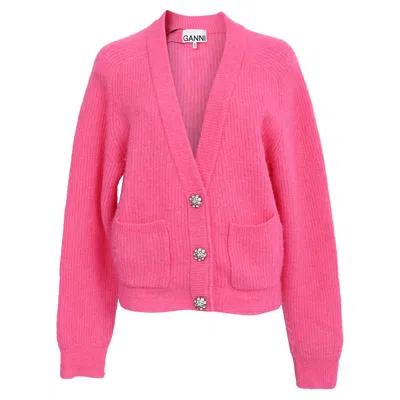 Ganni Knitted Crystal Buttoned Cardigan In Pink Wool