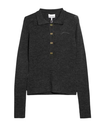 Ganni Knitted Polo Shirt In Black