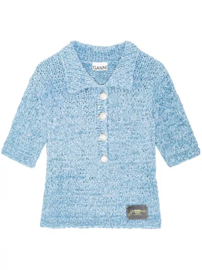 Ganni Knitted Polo Shirt In Blue