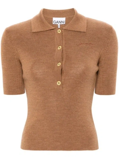 Ganni Knitted Polo Shirt In Brown