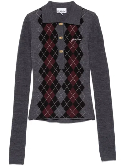 Ganni Women Grey Sweater With Classic Collar And Check Motif On The Front In Wool Woman In Gray