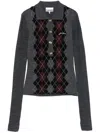 Ganni Grey Sweater With Classic Collar And Check Motif On The Front In Wool Woman In Gray