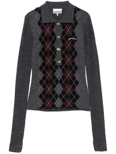 Ganni Grey Sweater With Classic Collar And Check Motif On The Front In Gray