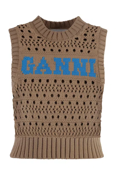 Ganni Knitted Sleeveless Pullover In Beige