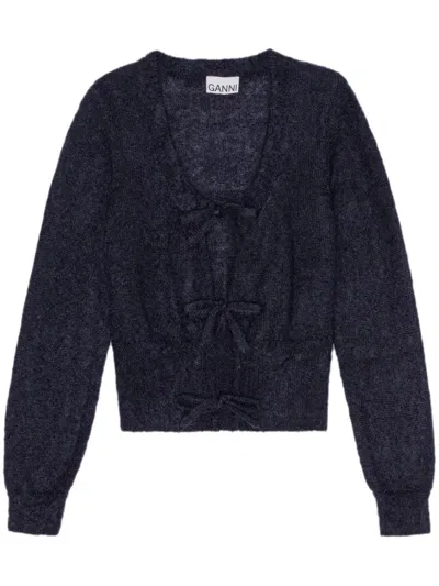 Ganni Knitted Tie String Cardigan In Skycaptain