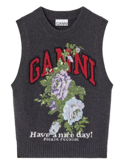 GANNI KNITTED VEST WITH FLORAL GRAPHICS GANNI