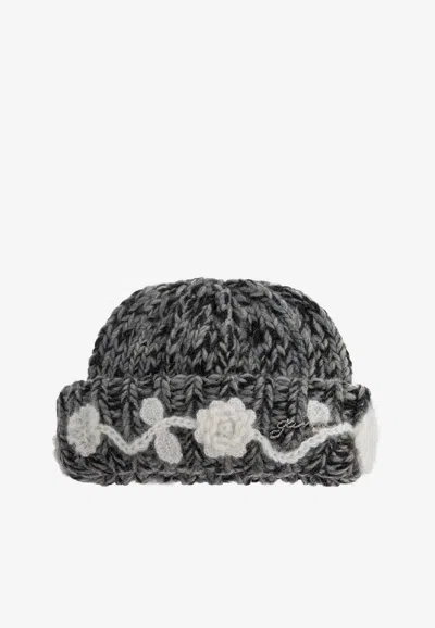 Ganni Knitted Wool Beanie In Gray