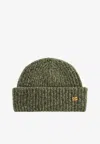 Ganni Knitted Wool Logo Beanie In Green
