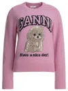 Ganni Wool Sweater With Poodle In Pink
