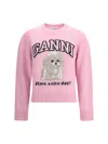 Ganni Women Pink Sweater With Round Neck And Maxi Logo On The Front In Wool Blend Woman In Pink