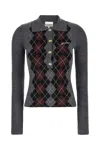 Ganni Slim-fit Knitted Polo Shirt With Check Pattern In Gray