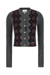 Ganni Grey Sweater With Classic Collar And Check Motif On The Front In Wool Woman
