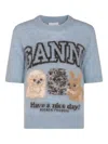 Ganni Light Blue Crewneck T-shirt With Maxi Logo Embroidery On The Front In Blue