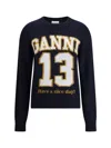Ganni Women Logo Graphic Baseball Wool Mix Sweater In Blue