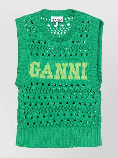 Ganni Logo-jacquard Crochet Sweater Vest In Green