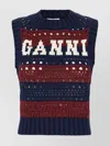 Ganni Striped Openwork Vest With Logo Inlay In Blue