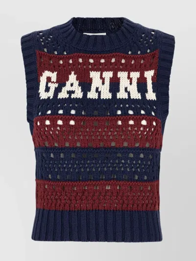 Ganni Knitwear Crew Neck Sleeveless Open Knit In Blue