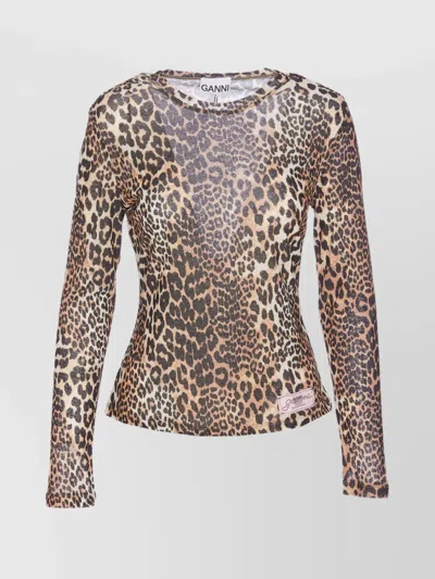 Ganni Knitwear Crewneck Leopard Print Long Sleeves In Animal Print