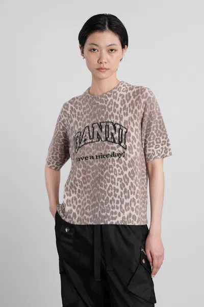 Ganni Leopard Wool T-shirt In Brown