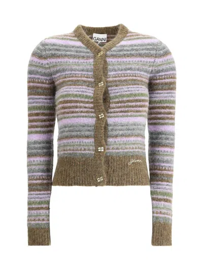 Ganni Womens Military Olive Stripe-pattern Brushed-knit Alpaca And Merino-wool Blend Cardigan In Multi