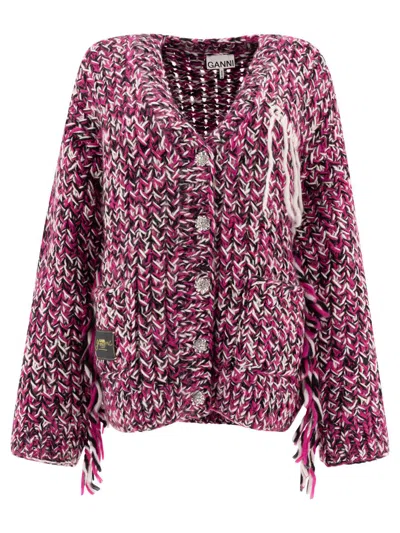 Ganni Chunky Knit Fringe Longline Knitwear With Pockets In Purple