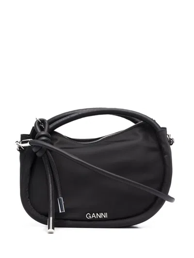 Ganni Knot Baguette Mini Nylon Handbag In Black