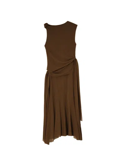 Ganni Knot Detail Asymmetric Midi Dress In Brown