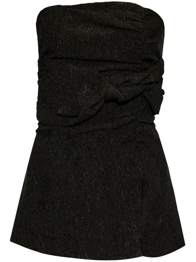 Ganni Draped Strapless Top With Maxi Frontal Bow In Black