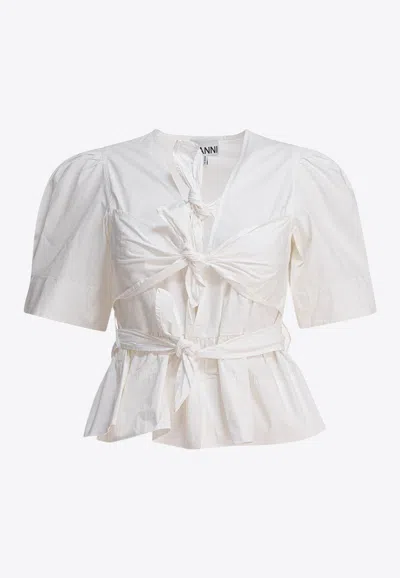Ganni Ruffled Blouse With Deep V-neckline In White