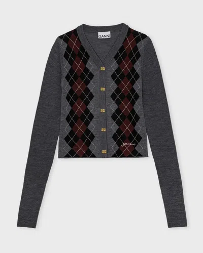 Ganni V-neck Argyle Knit Cardigan In Multi