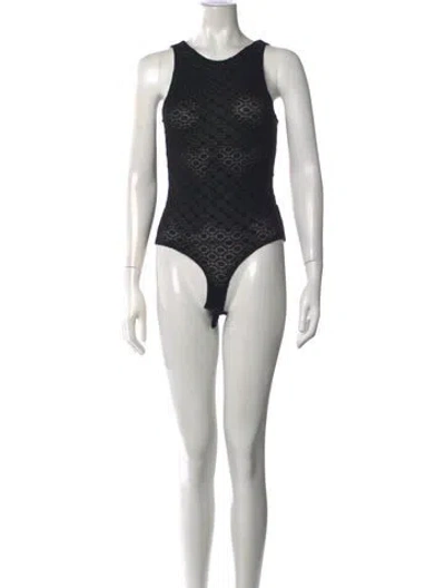 Pre-owned Ganni Lace Pattern Crew Neck Bodysuit In Black
